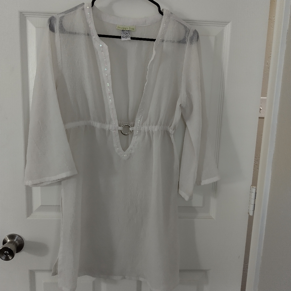 Pineapple Cove low cut sheer sequin swim cover dress
